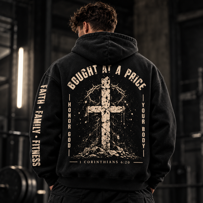 Model wearing Bought at a Price Christian training hoodie, back view