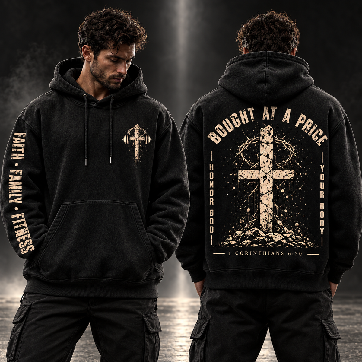Bought at a Price Christian training hoodie front and back lifestyle view