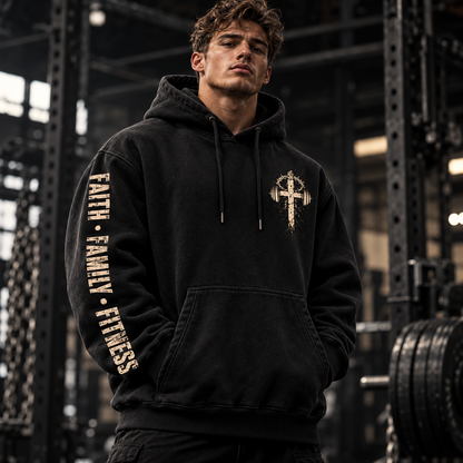 Model wearing Bought at a Price Christian training hoodie, front view